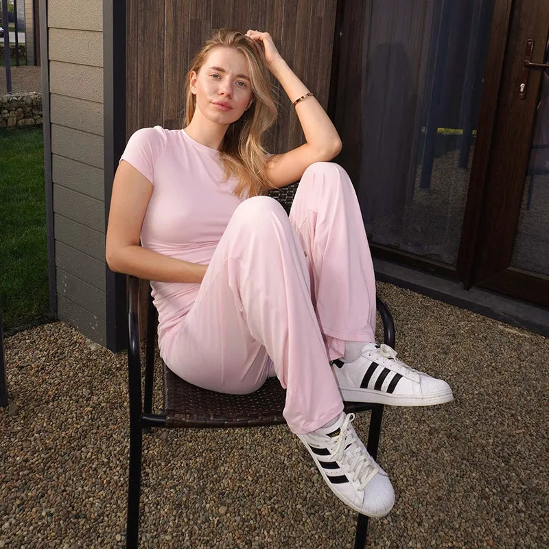 Elastic Waist Pants Set Round Neck Short