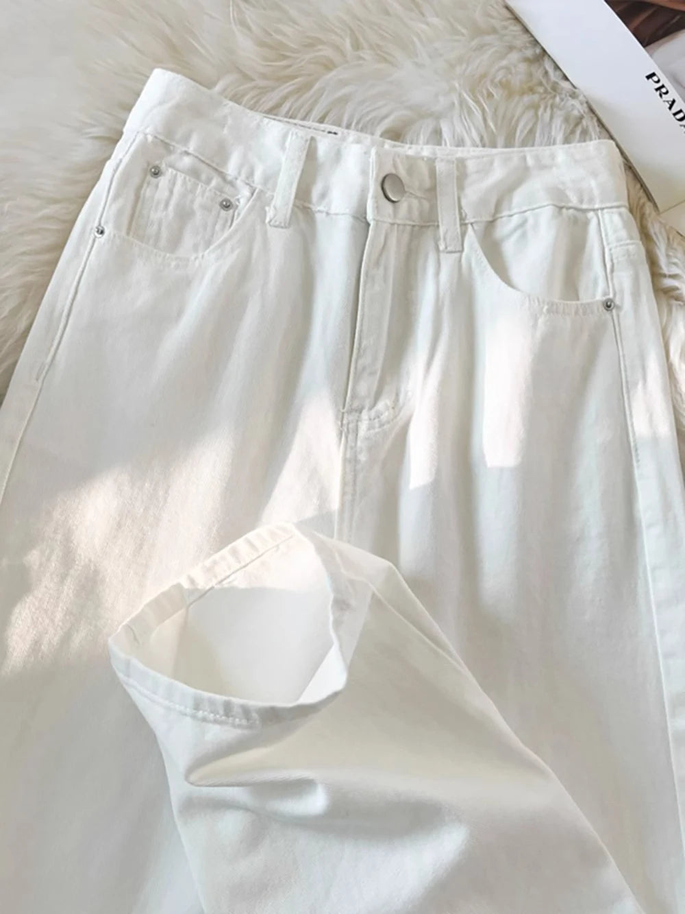 White Wide Leg Denim Pants for Women Size S-5XL