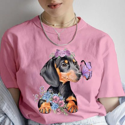 Fashion Cartoon Dachshund Clothes Graphic Dog Lover Print T Shirt