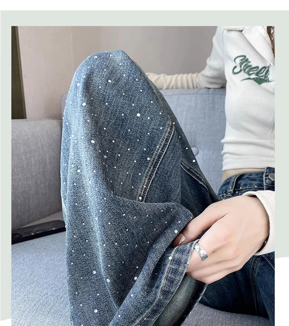 High Waist Loose Hot Stamping Diamond Denim Pants