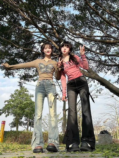 Vintage Bow Denim Flare Pants