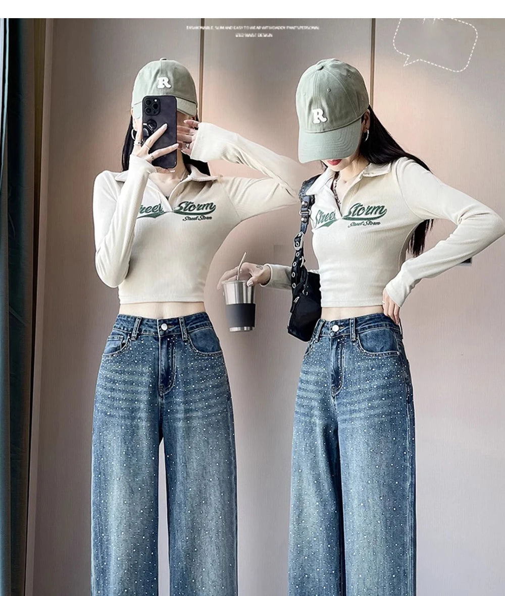 High Waist Loose Hot Stamping Diamond Denim Pants