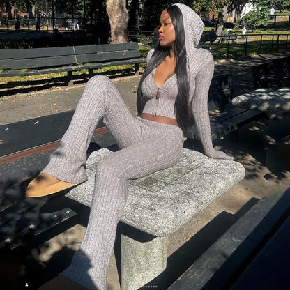 Knitted Long Sleeve Zipper Hooded Two Piece Sets