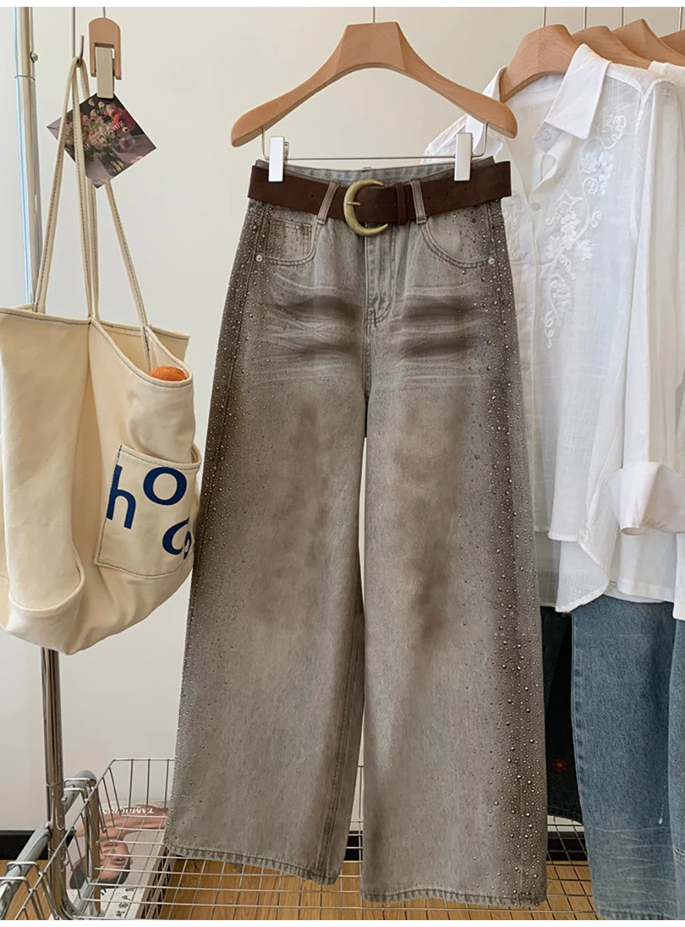 Rhinestone Wide Leg Denim Pants
