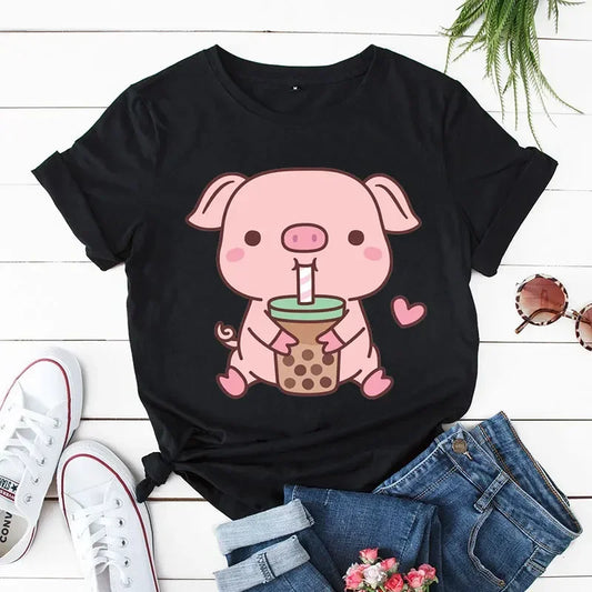 Pig Boba Tea Print Women Casual T-shirts Kawaii Pink Pig Tshirts Oversize Fashion Trend Tee Tops