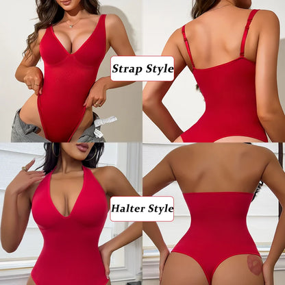 Women Deep V Cup Bodysuit Adjustable Strap Shapewear Halter Top Tummy Control Fajas Columbiana Thong Sexy Beachwear 2025