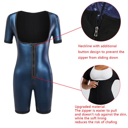 Women Sauna Suit Full Body Shaper 3 in 1 Sweat Vest Waist Trainer Zipper Slimming Bodysuit Shapewear Workout with Sleeve Shorts