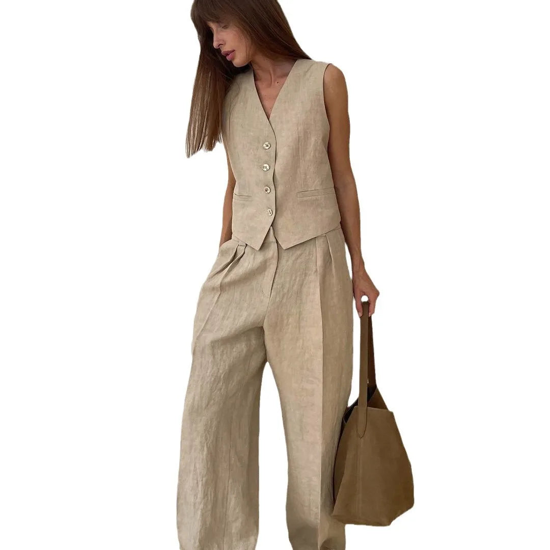 Linen Cotton Chic Vest ＆ Pants Suit Two-Piece Set