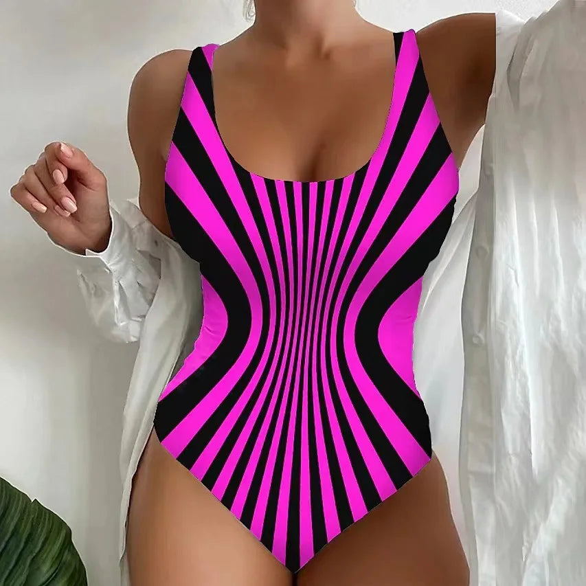 Black Striped One Piece Swimsuit Large Size 5XL Set