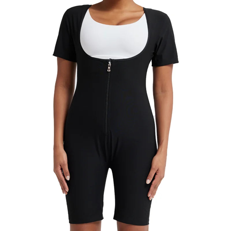 Women Sauna Suit Full Body Shaper 3 in 1 Sweat Vest Waist Trainer Zipper Slimming Bodysuit Shapewear Workout with Sleeve Shorts