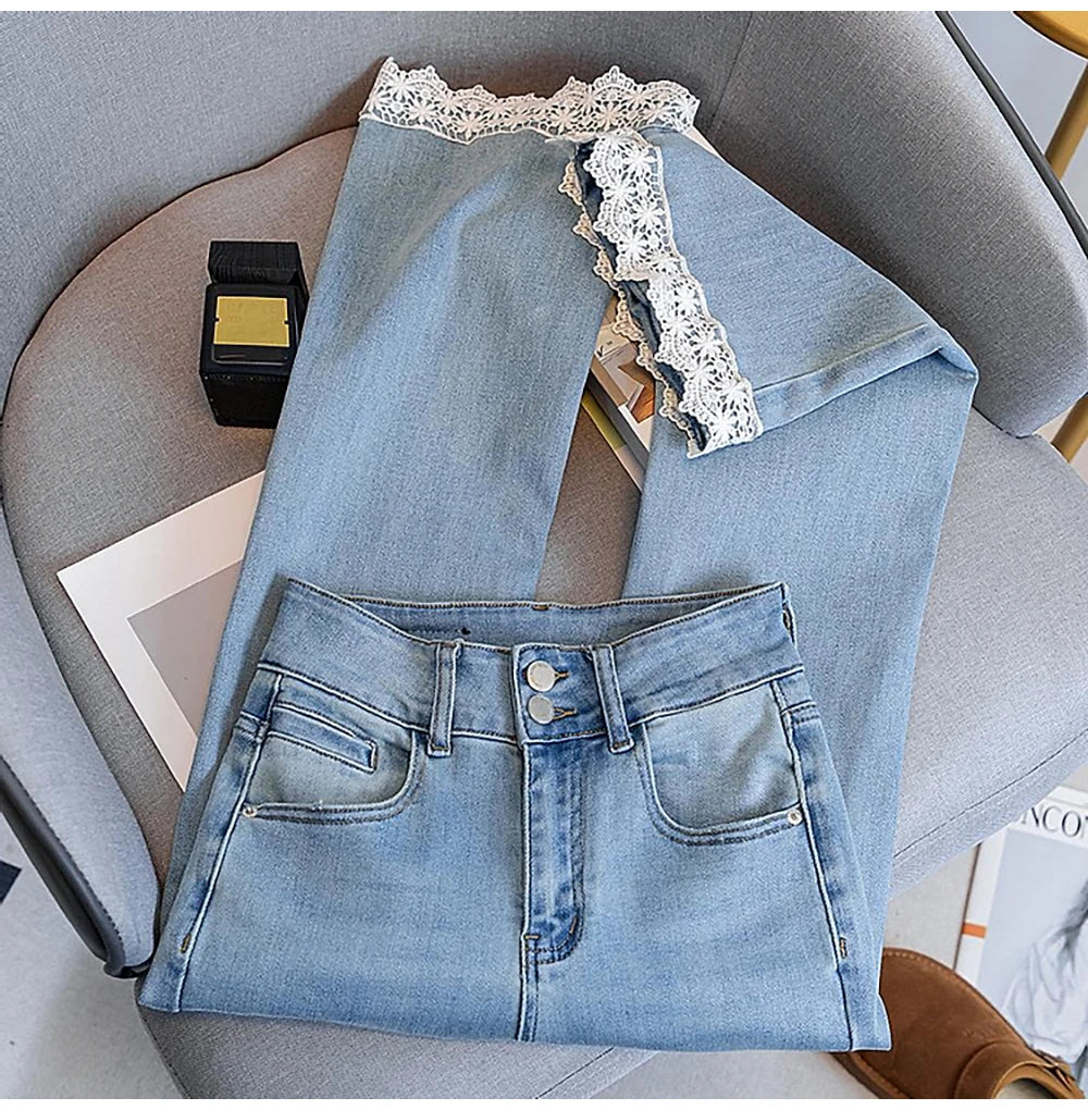 Fashion Lace Edge Blue Jeans