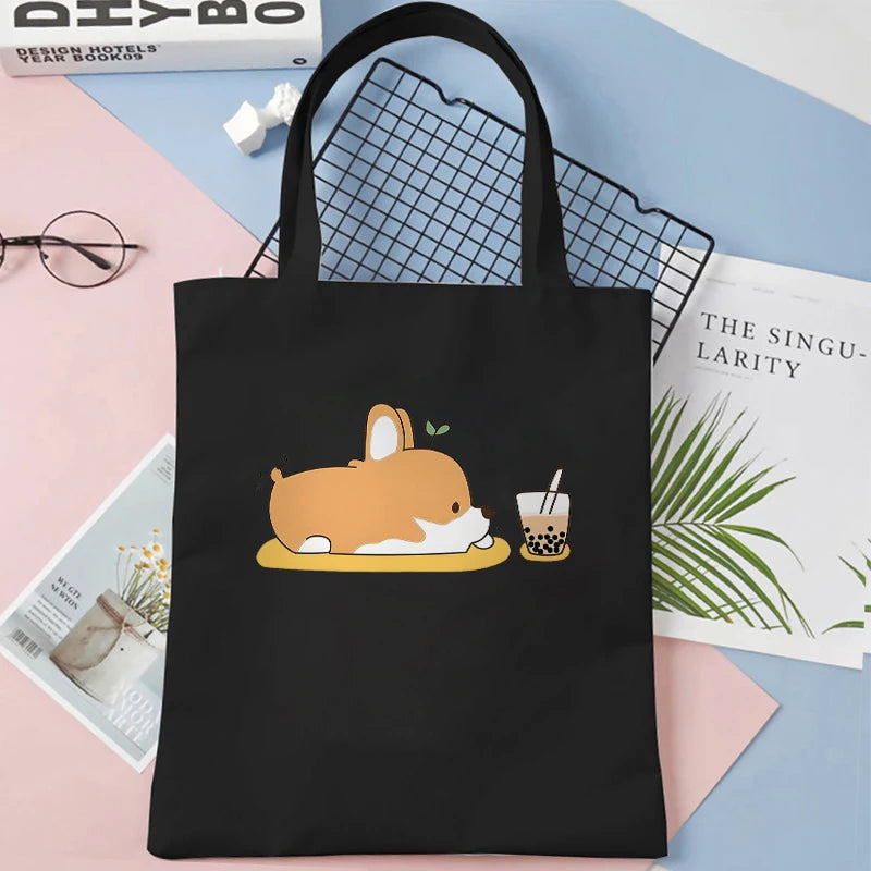 Canvas Tote Bag for Women Cute Dog Boba Tea Handbag