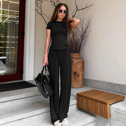 Elastic Waist Pants Set Round Neck Short