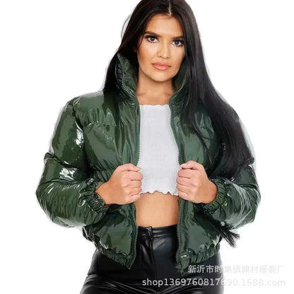 Glossy Short Puffer Jacket for Women – Cotton-Padded Zipper Coat | Casual Sexy Streetwear for Fall & Winter