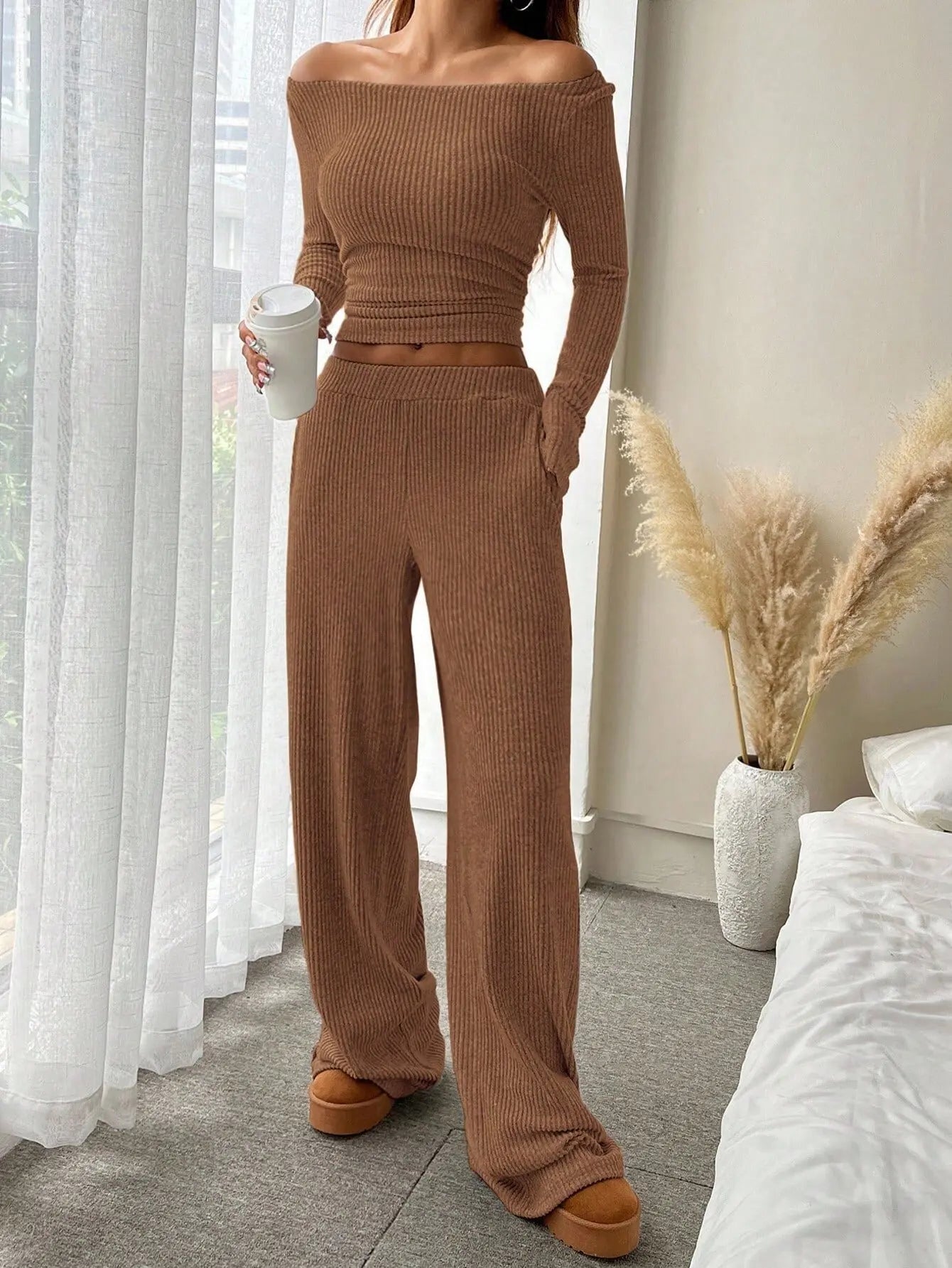 Off Shoulder Long Sleeve Top Wide Leg Pants Set
