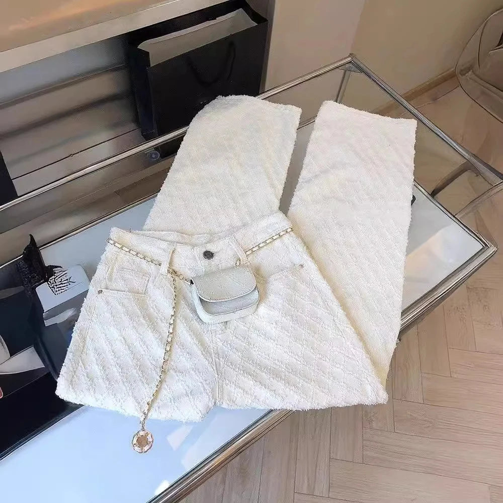White Plaid Straight Loose Pants