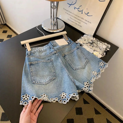 Embroidered Hollowed Out Edge Denim Shorts