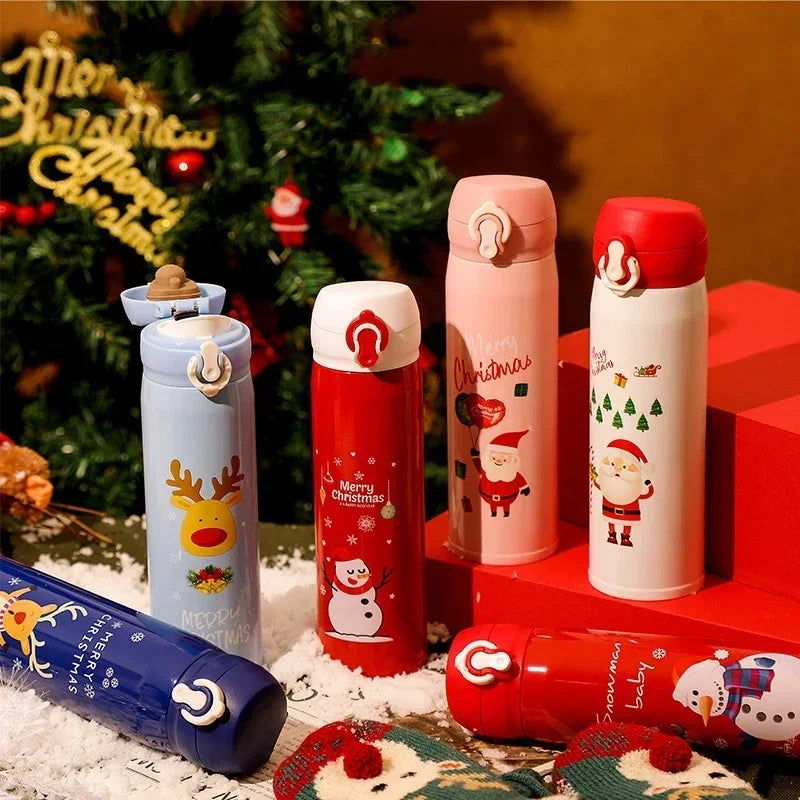 500ml Stainless Steel Christmas Thermos Cup Elk Santa Vacuum Water Bottle Thermos Cup with Lid Christmas Gift for Girl Friend