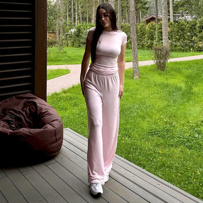 Elastic Waist Pants Set Round Neck Short