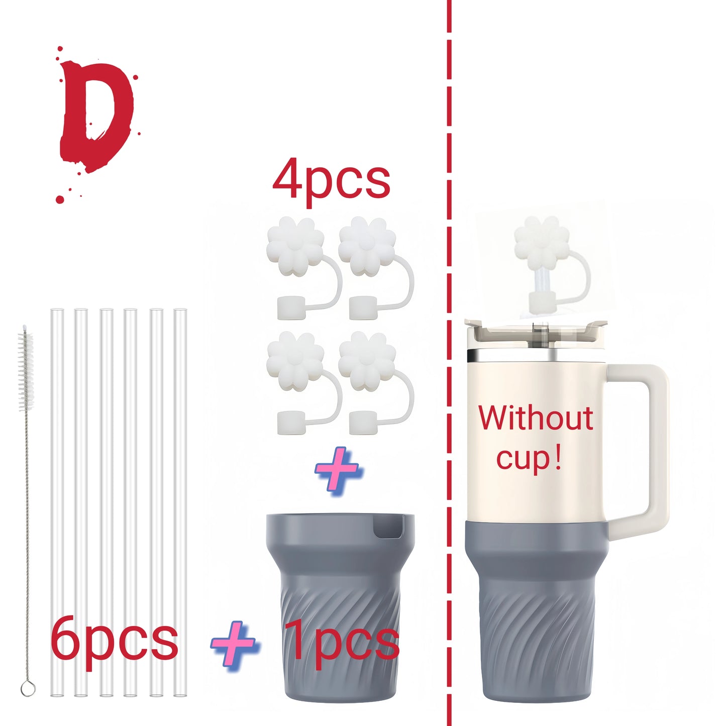 13pcs accessories for Stanley 40oz thermos cup, flower straw covers, 10mm straws, silicone cup sleeves and cleaning brushes.