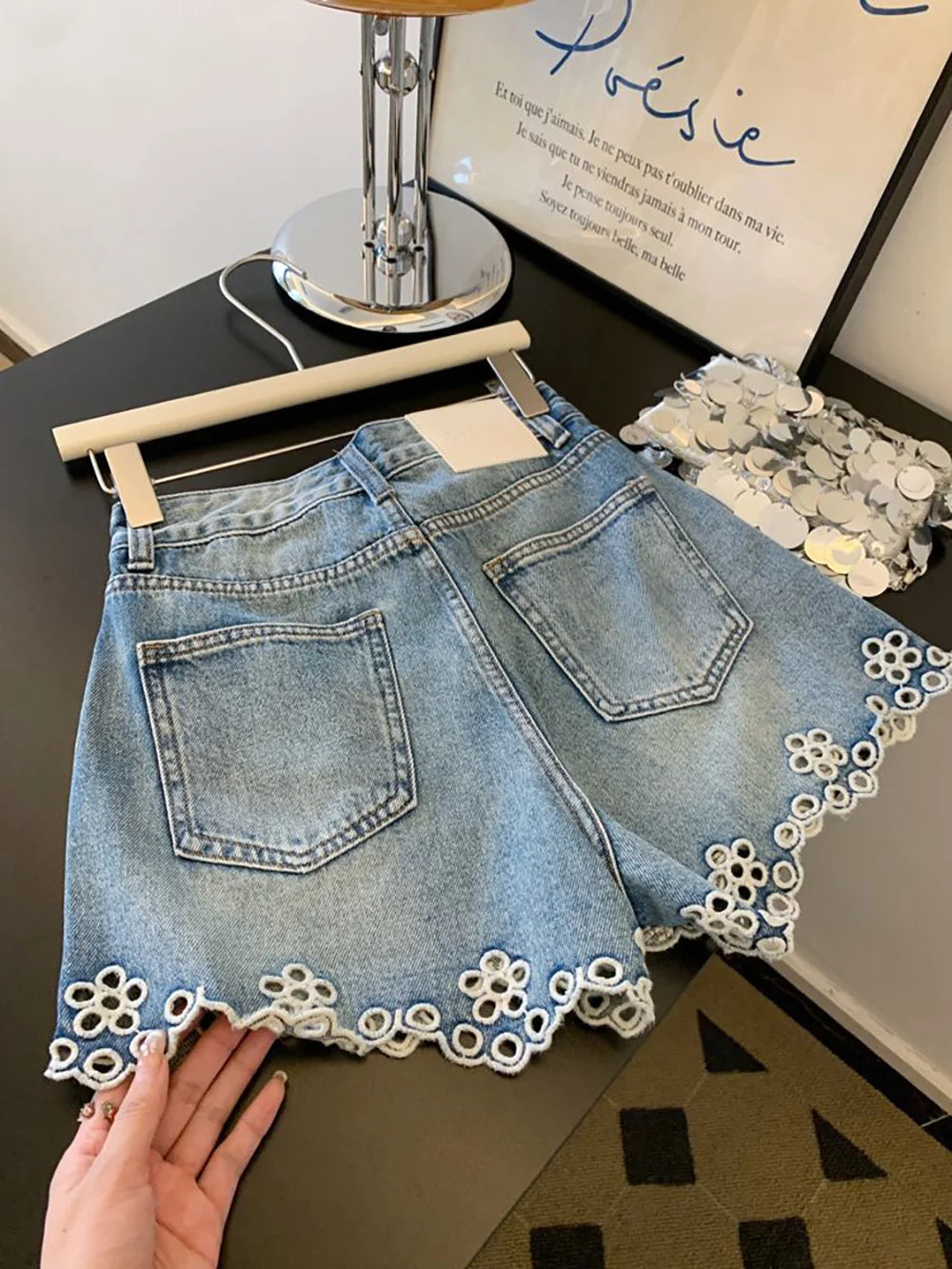 Embroidered Hollowed Out Edge Denim Shorts
