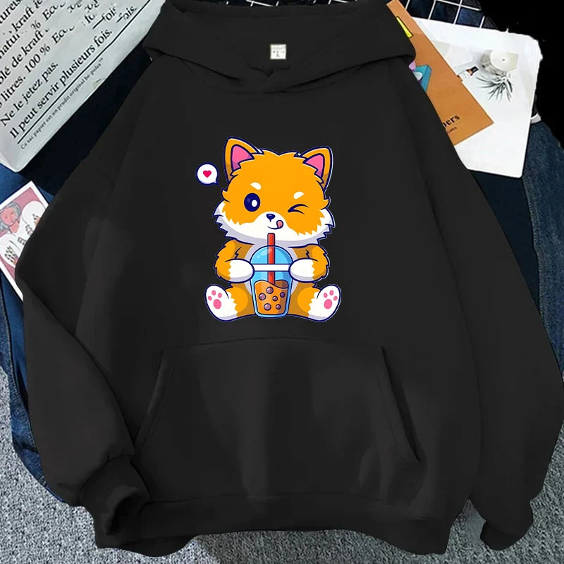 Boba Fox Drinking Print Women Hoodies