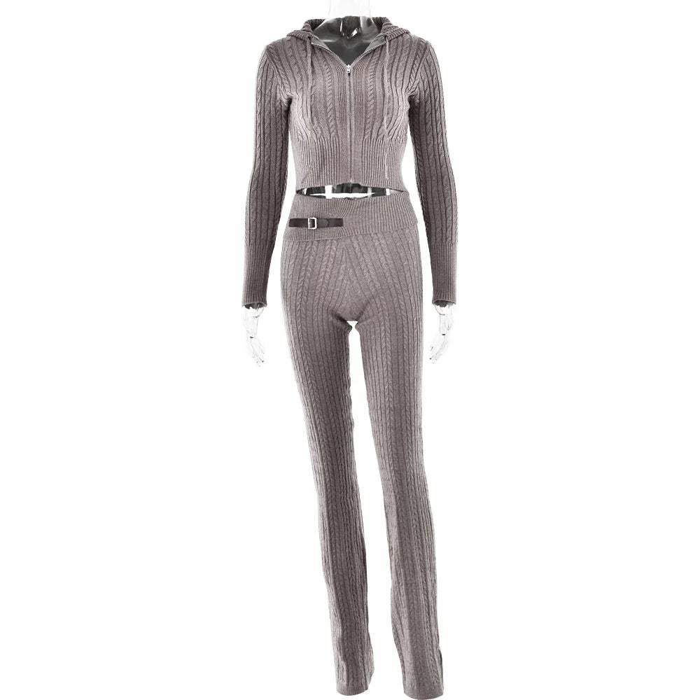 Knitted Long Sleeve Zipper Hooded Two Piece Sets