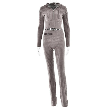 Knitted Long Sleeve Zipper Hooded Two Piece Sets