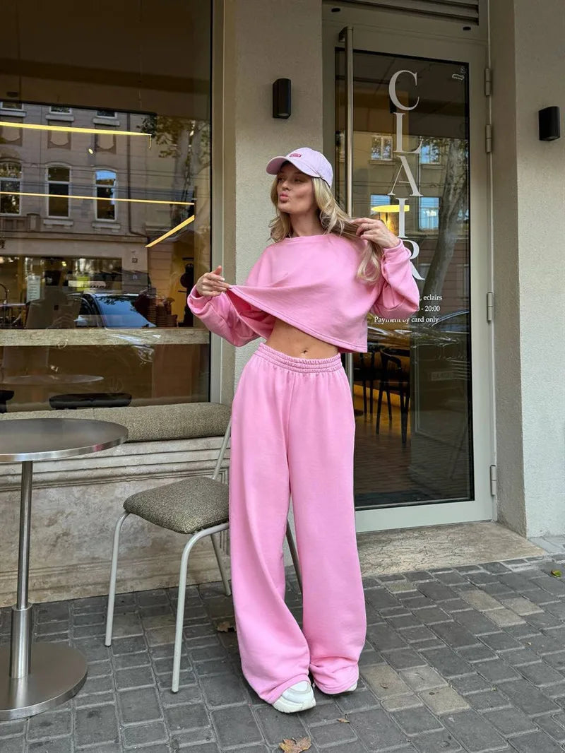 Casual Elastic Wide Leg Pants 2 Pieces Sets
