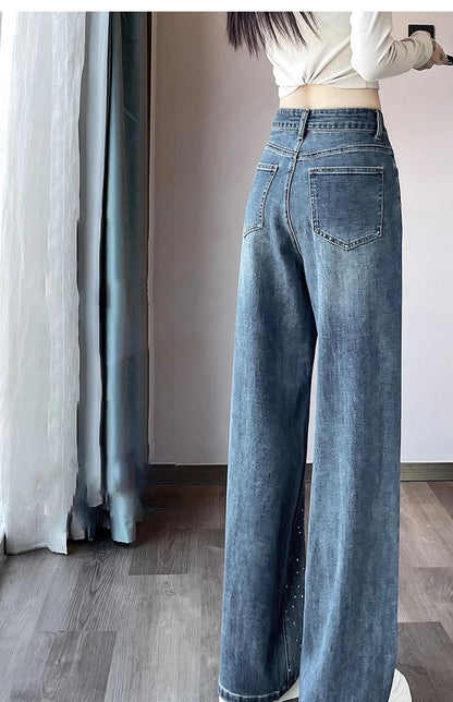 High Waist Loose Hot Stamping Diamond Denim Pants