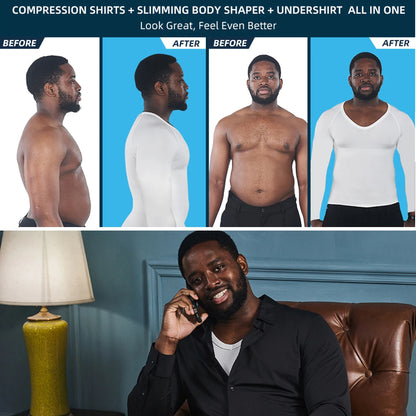 Mens Body Shaper V-Neck Long Sleeve Compression Shirt Slimming Undershirt Workout Abs Abdomen Tummy Control Shapewear Tank Tops