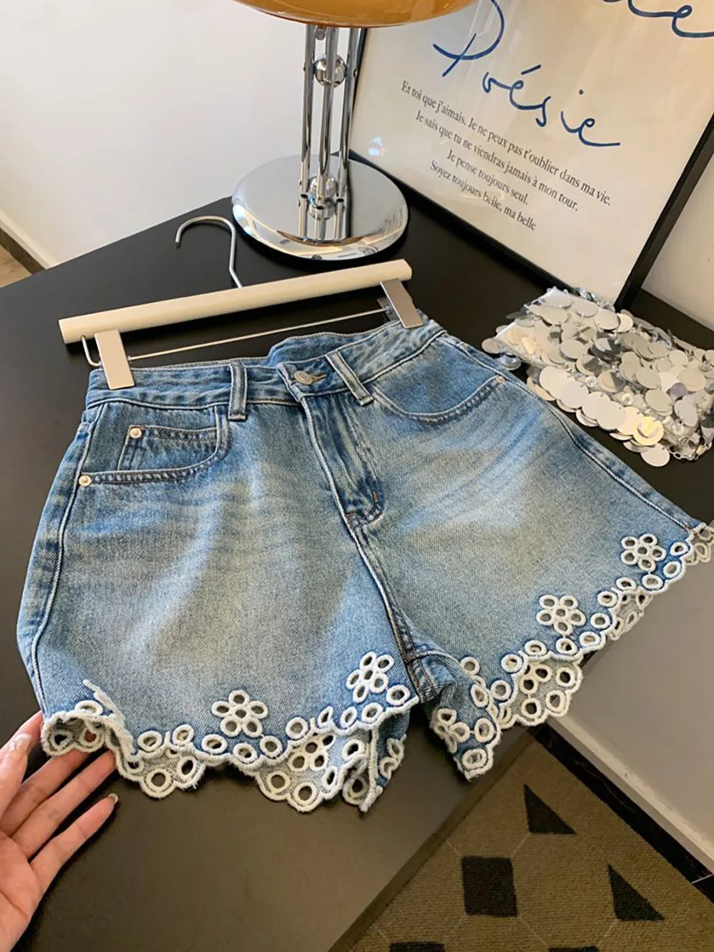 Embroidered Hollowed Out Edge Denim Shorts