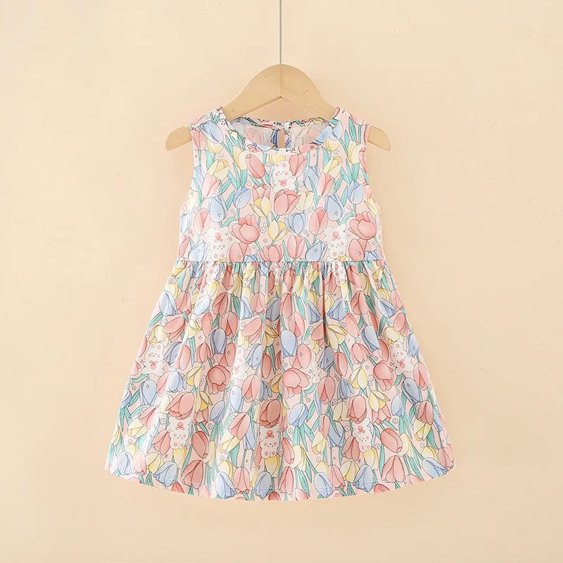Summer Girls’ Floral Princess Dress – Sleeveless Cotton & Polyester Blend