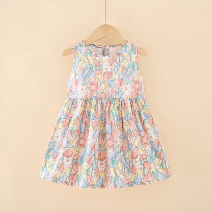 Summer Girls’ Floral Princess Dress – Sleeveless Cotton & Polyester Blend