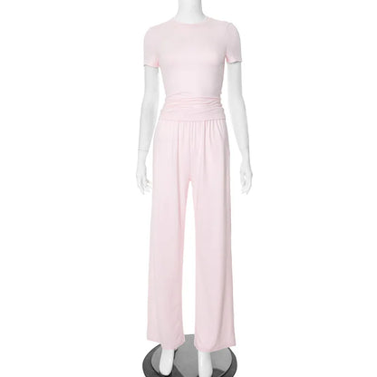 Elastic Waist Pants Set Round Neck Short