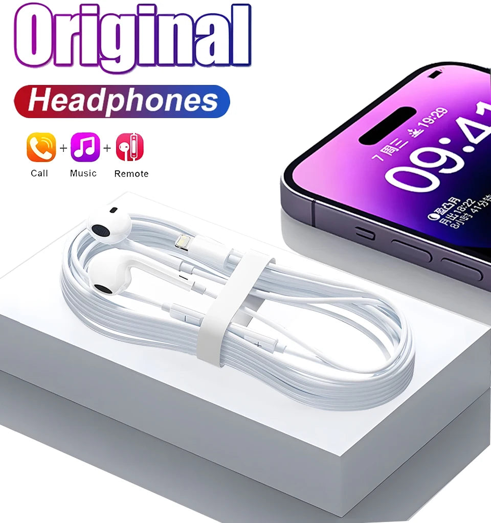 Original Headphones For Apple iPhone 15 14 13 11 12 Pro Max Plus XS XR 7 8 In-ear Lightning 3.5 mm Wired Bluetooth Earphones