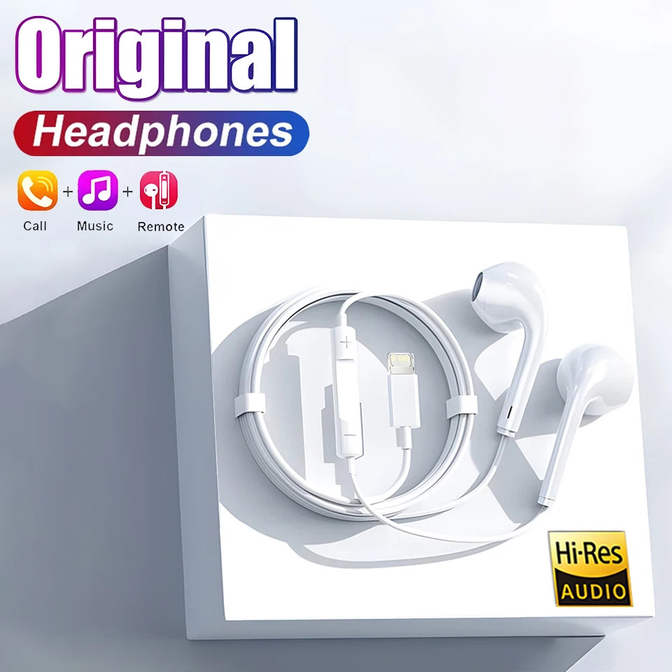 Original Headphones For Apple iPhone 15 14 13 11 12 Pro Max Plus X In-ear Lightning 3.5 mm Wired Bluetooth Earphones Accessories