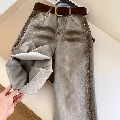 Rhinestone Wide Leg Denim Pants