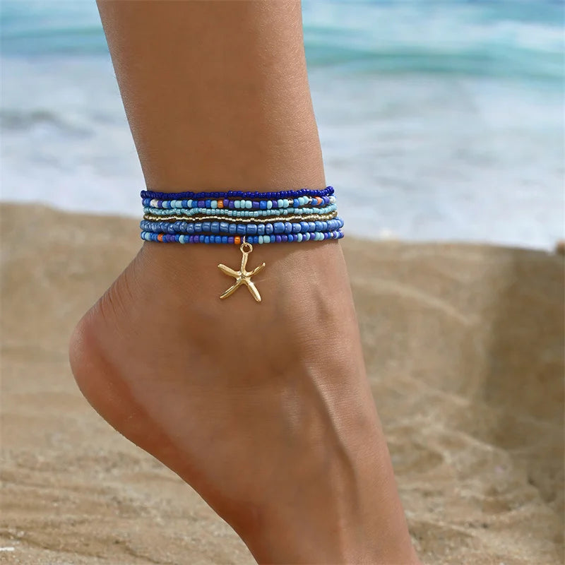 Bohemia Multilayer Rice Bead Anklet Set