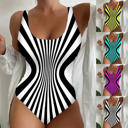 Black Striped One Piece Swimsuit Large Size 5XL Set