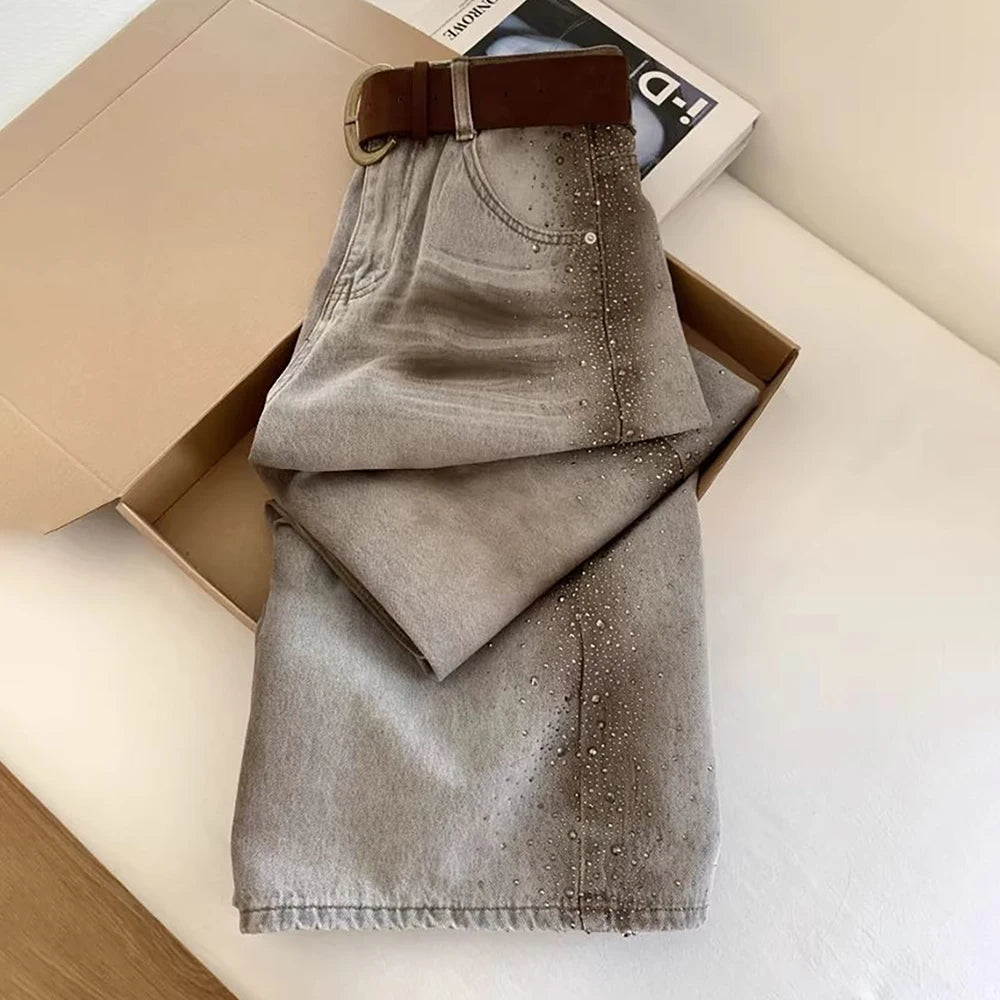 Rhinestone Wide Leg Denim Pants
