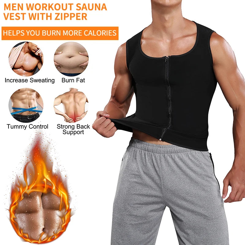 Men Body Shaper Sauna Heat Trapping Sweat Enhancing Vest Workout Gym Slimming Compression Suit Waist Trainer Corset with Zipper