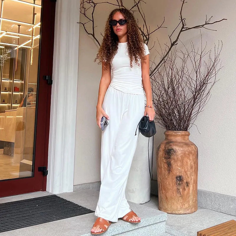 Elastic Waist Pants Set Round Neck Short