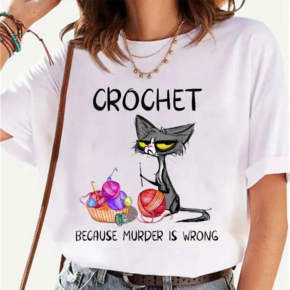 Crochet Because Murder Is Wrong Attitude Cat Women T-shirt