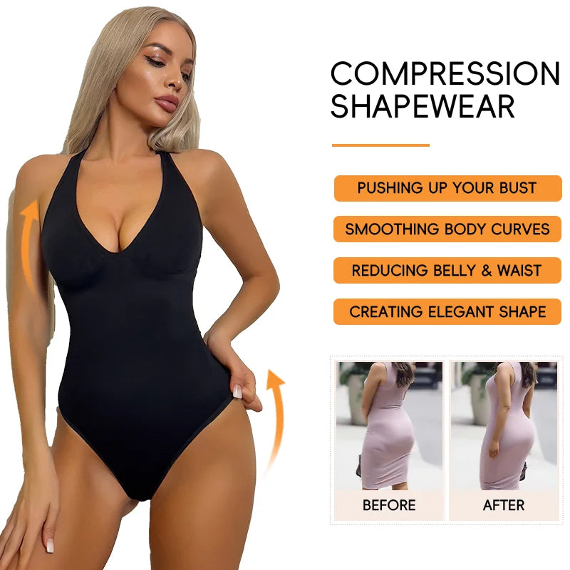 Women Deep V Cup Bodysuit Adjustable Strap Shapewear Halter Top Tummy Control Fajas Columbiana Thong Sexy Beachwear 2025