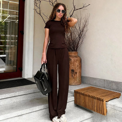 Elastic Waist Pants Set Round Neck Short