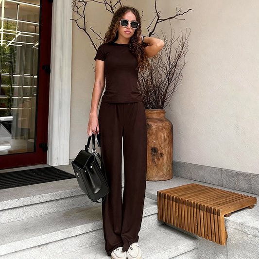 Elastic Waist Pants Set Round Neck Short