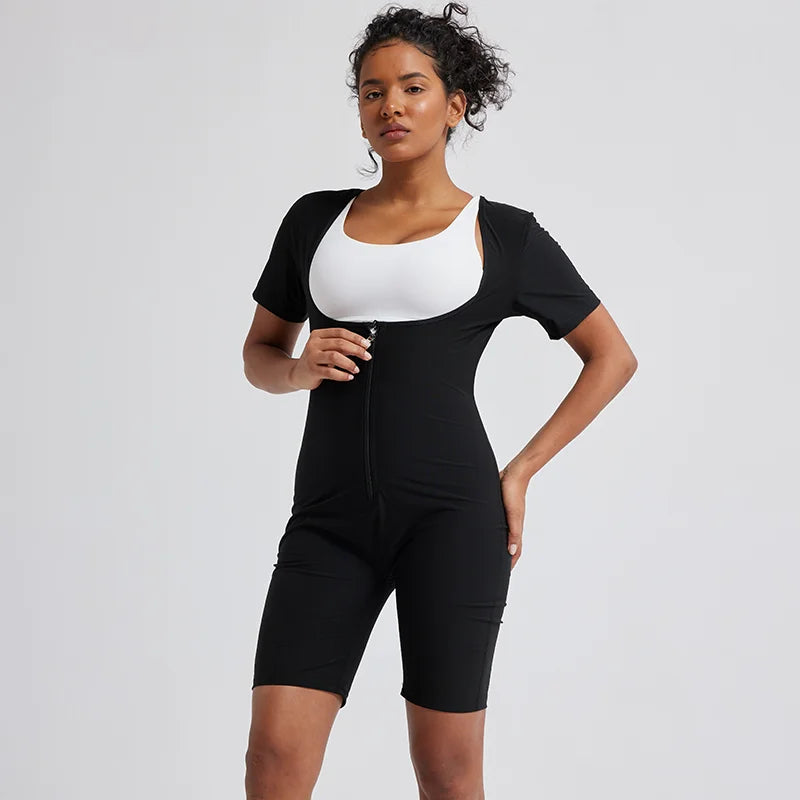 Women Sauna Suit Full Body Shaper 3 in 1 Sweat Vest Waist Trainer Zipper Slimming Bodysuit Shapewear Workout with Sleeve Shorts