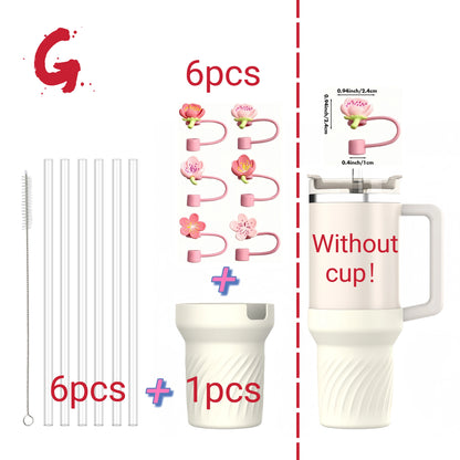 13pcs accessories for Stanley 40oz thermos cup, flower straw covers, 10mm straws, silicone cup sleeves and cleaning brushes.