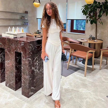 Elastic Waist Pants Set Round Neck Short